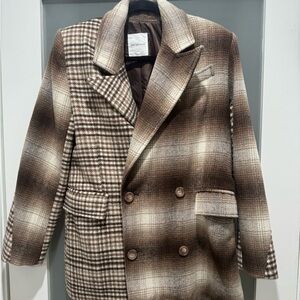 Avec Les Filles Checkered Brown Pea Coat